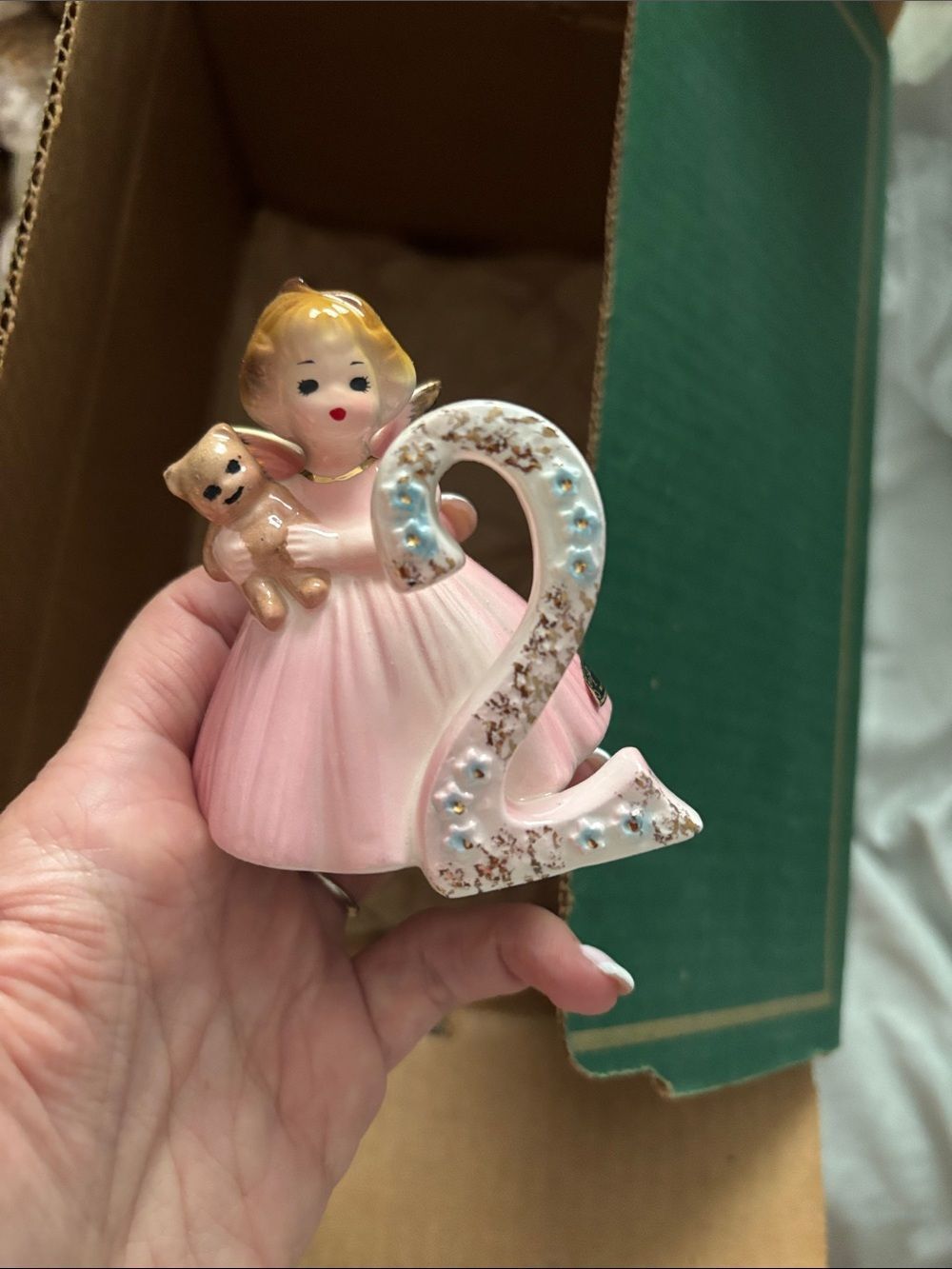 Porcelain Girl Figurine Holding Teddy with Number 2 - Pink Vintage collection